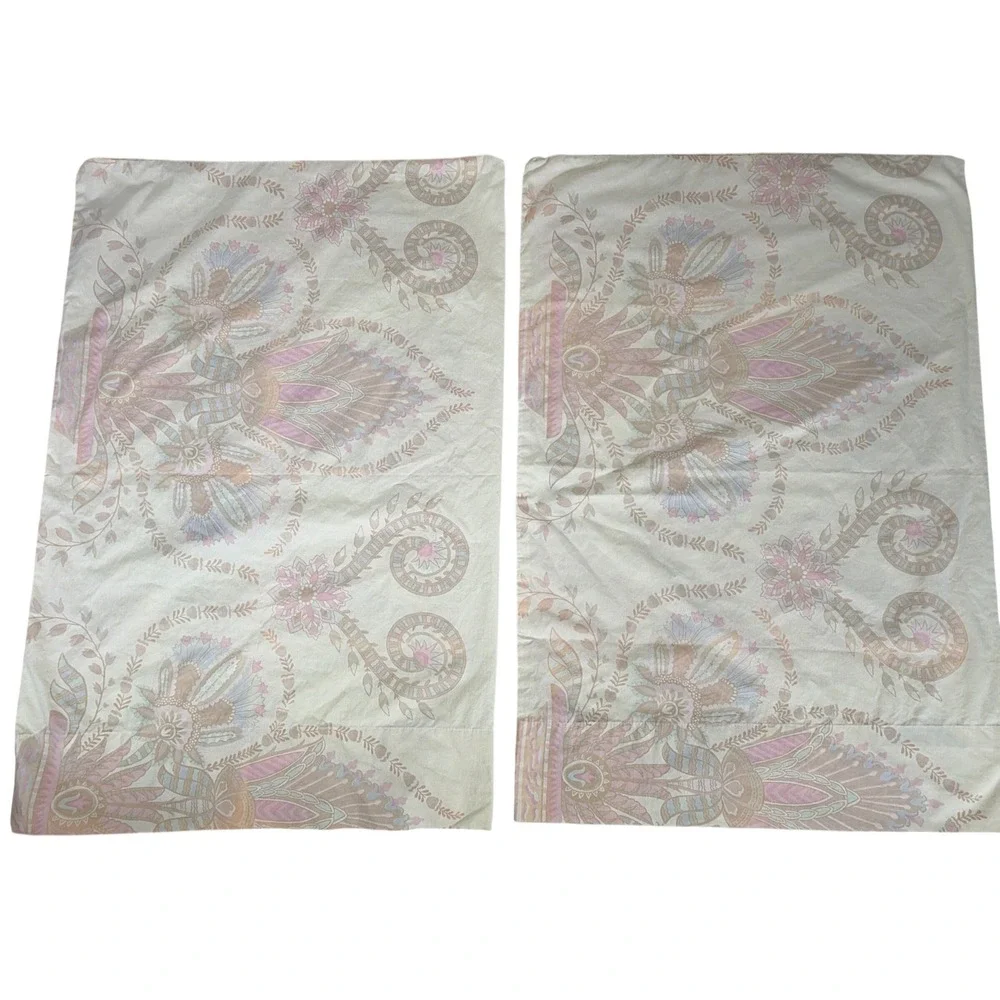 Atelier Martex Full Sheet Set Cream Pink Floral Paisley Cotton Vintage USA READ